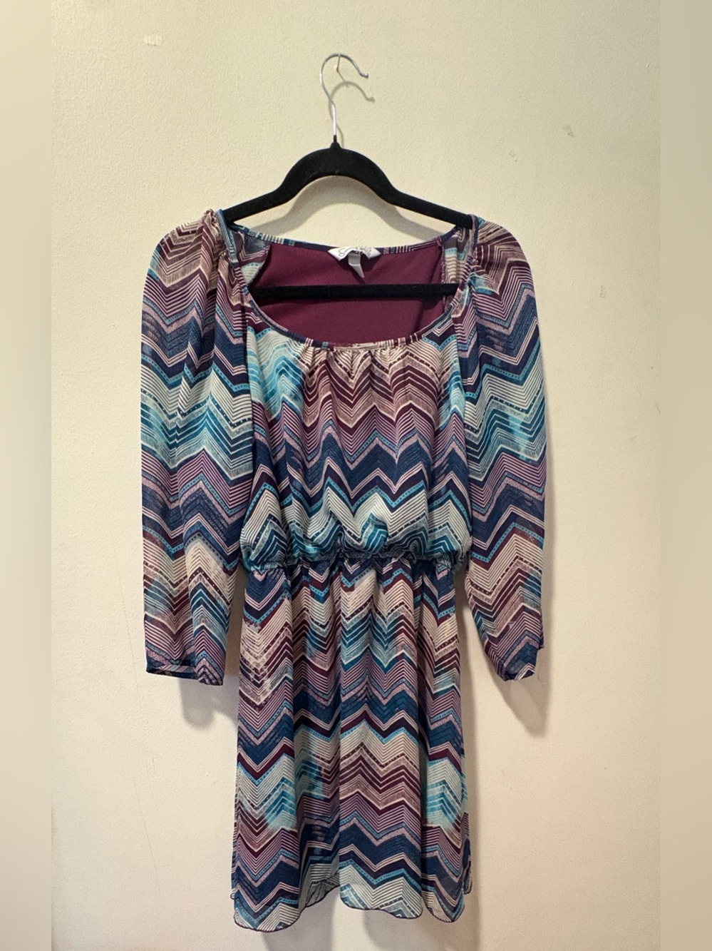 Speechless Chevron Scoop-Neck Long Sleeve Dress in Teal, Plum & Navy